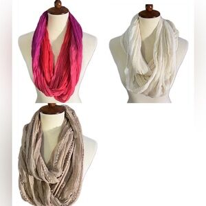 3 circle scarves lightweight easy wear cream tan and multi red pink and magenta